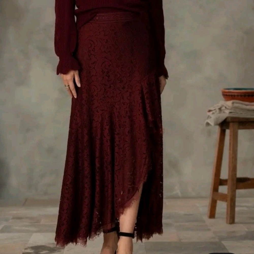 Sundance Deep Red Asymmetrical Lace Skirt